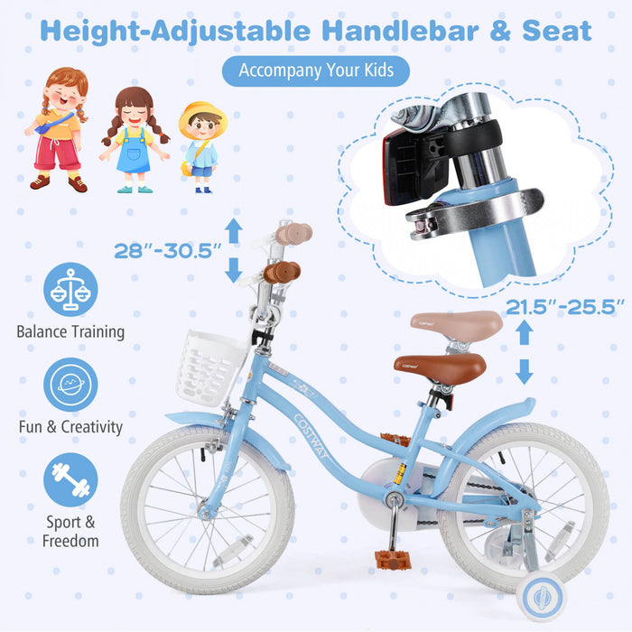 Costway 16\" Enfants Velo Tout-petit Velo Reglable Avec Roue D'entrainement Pour 4-7 Ans Fille Bleue