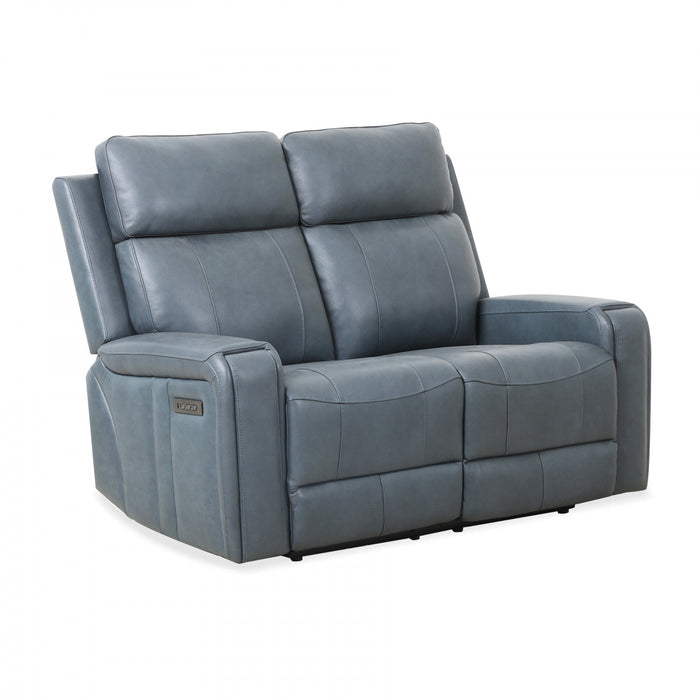 Causeuse inclinable electrique Bellamy de 58 po en cuir assorti avec appuie-tete ajustable et USB - Bleu