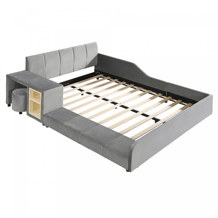 Lit Lily en velours rembourre avec bureau et tabouret, taille Queen, gris