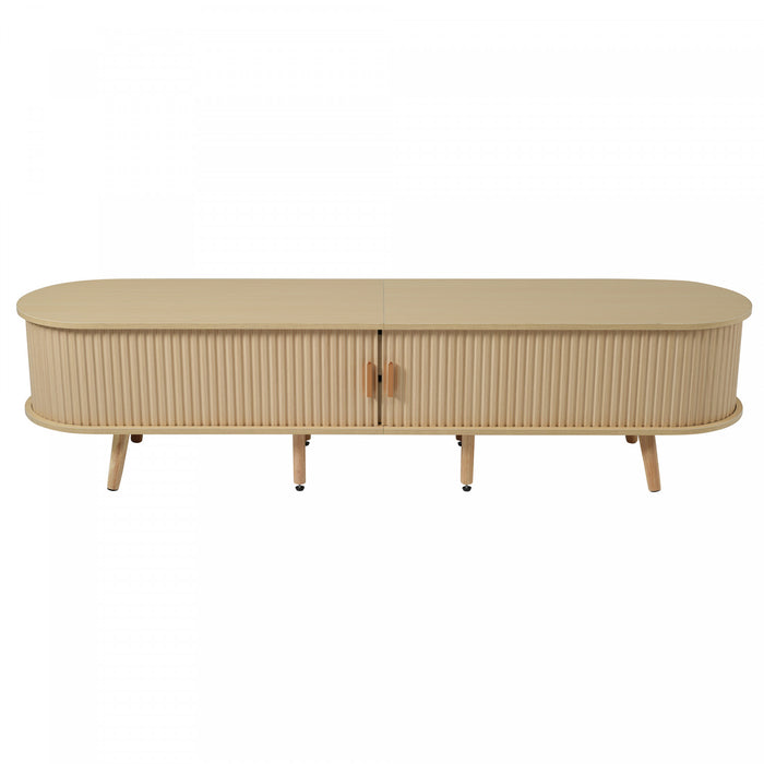Ethan meuble TV ovale – meuble multimedia avec portes coulissantes et tiroirs, finition naturelle