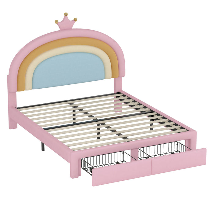 Lit Princesse Arc-en-ciel Maggie Tapisse Avec Tiroir De Rangement Et Cadre Plateforme En Velours, Taille Full, Rose