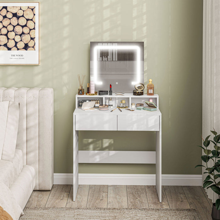 HOMCOM Bureau de maquillage avec miroir, lumieres LED, tiroirs, blanc
