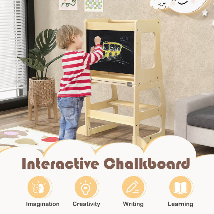 Costway 3-en-1 Cuisine Pliable Tour Debout Pour Tout-petits Avec Tableau A Crais Table De Sevrage Naturelle