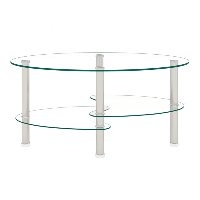 Table basse ovale transparente moderne Sophia en verre avec pieds en acier inoxydable, transparente
