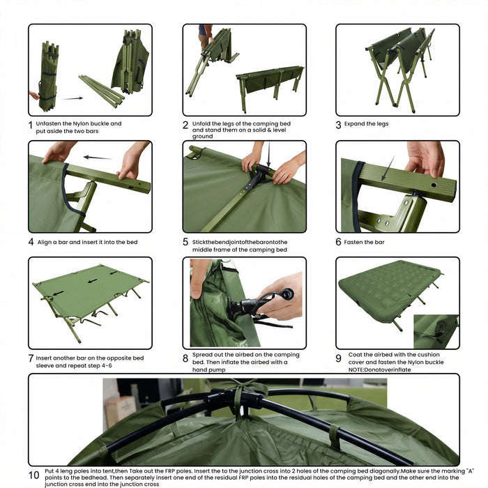 Tente-lit de camping Outsunny, ensemble pliable et portable pour l'exterieur avec surelevation, vert