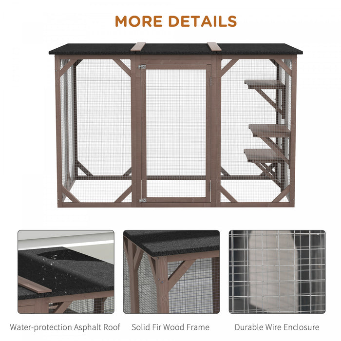Pawhut Cage Pour Chat Maison D'exterieur En Bois Pour Chat Cage Interieure Avec Toit En Asphalte, Plateformes A Plusieurs Niveaux Et Grande Porte D'entree - 71\"l, Marron