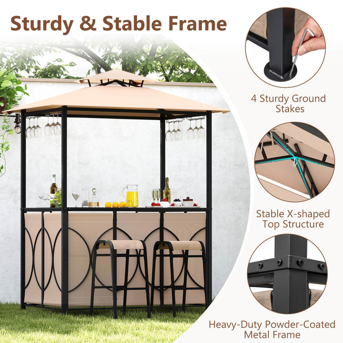 Costway 6.5 X 4 X 8 Ft Grill Gazebo Ensemble Avec 2 Tabourets De Bar, Table De Bar En Verre Trempe Brun