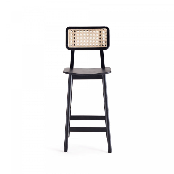 Tabouret de comptoir industriel chic Versailles avec dossier en cannage, bois noir et naturel - Lot de 3
