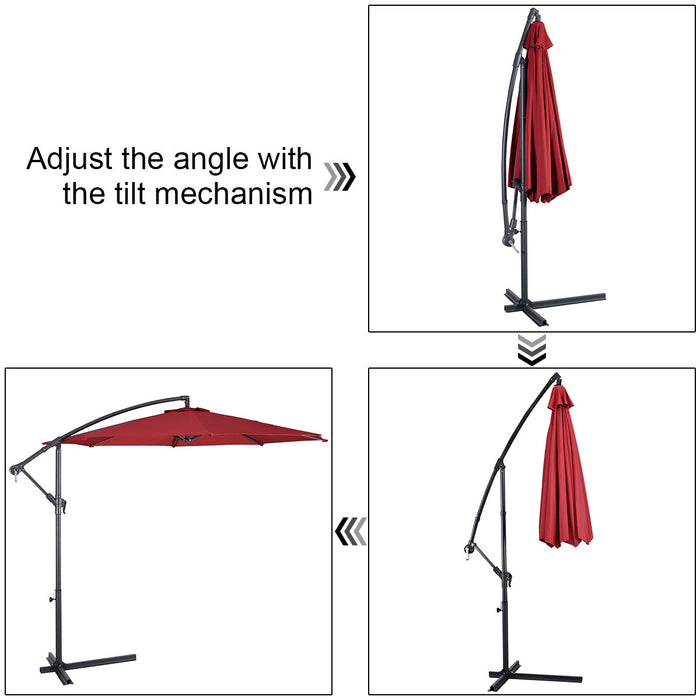 Costway Parasol suspendu 10' pour patio, ombre solaire decalee avec base T Croix Marche Bourgogne