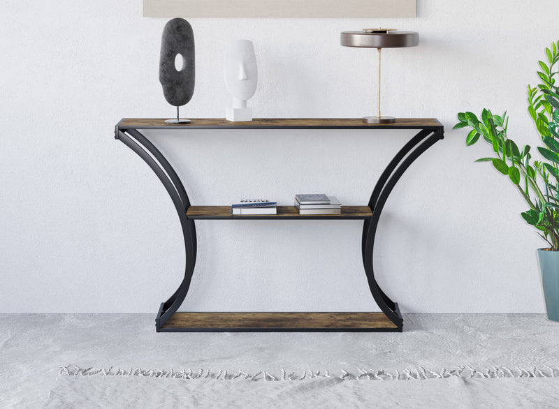 Console de qualité supérieure avec tablette de rangement - apparence de bois recyclé avec métal noir