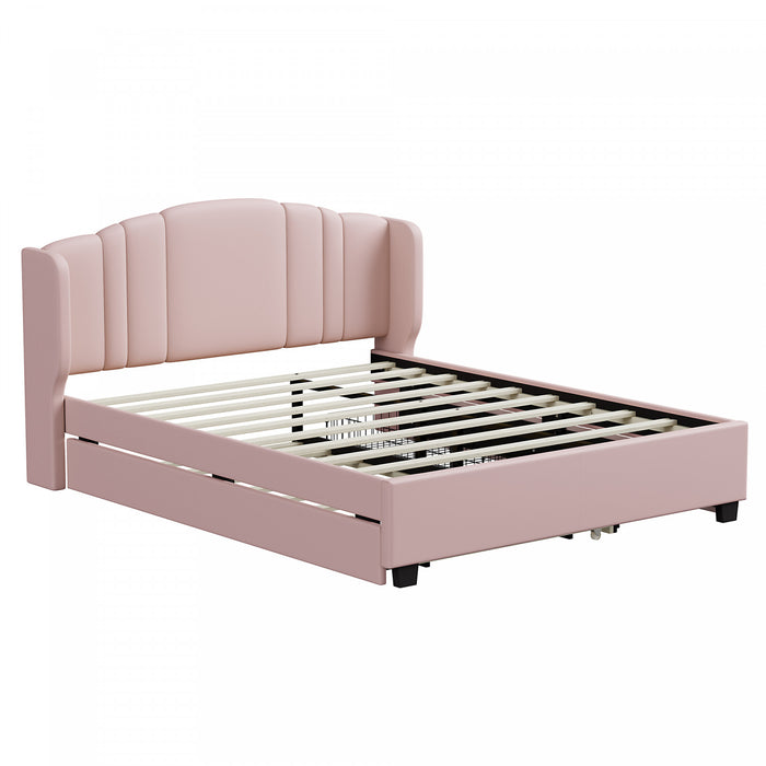 Lit plateforme Jean rembourre avec tete de lit a oreilles et tiroirs de rangement, taille queen, rose