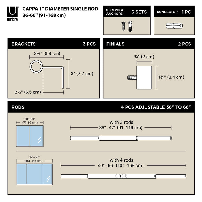  Tringle à rideaux extensible Cappa de Umbra noir mat de 1 po - 36 po à 66 po