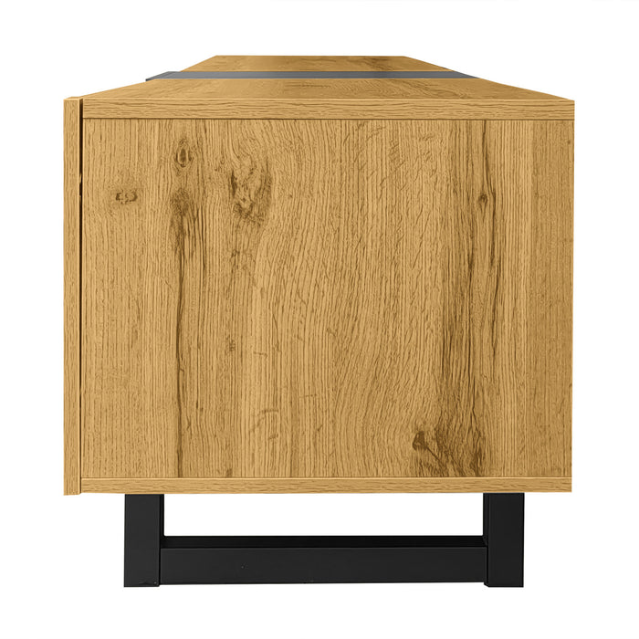 Meuble Tv Moderne Dominic Avec Pieds Metalliques En U, 3 Portes Et 2 Compartiments, Noir/bois Naturel