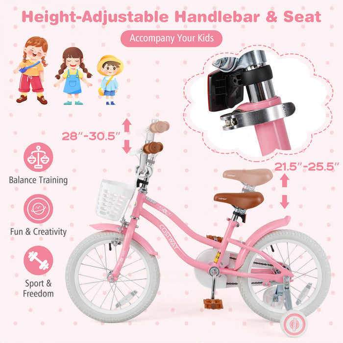 Costway 16\" Enfants Velo Tout-petit Velo Reglable Avec Roue D'entrainement Pour 4-7 Ans Fille Rose