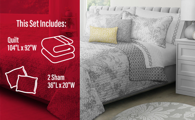 Ensemble Courtepointe Reversible 3 Pieces Tres Grand Lit (King) - Imprime Floral Botanique Gris et Blanc 