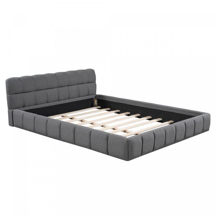 Lit plateforme rembourre Jessica avec tissu en lin confortable et cadre robuste, taille Queen, gris