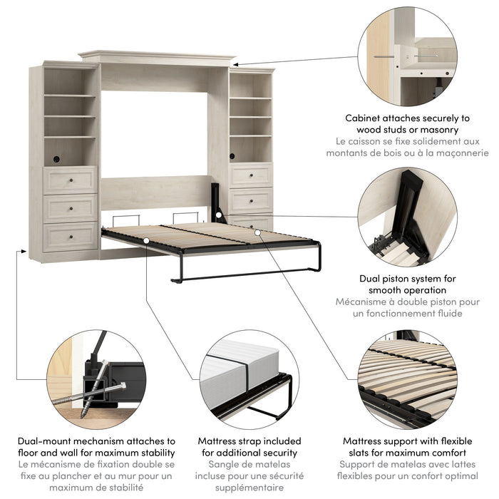 Grand lit escamotable Versatile de Bestar de 115 po (L) avec 2 organisateurs de garde-robe et tiroirs - blanc chêne lin