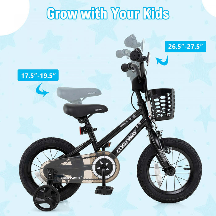 Costway 12\" Velo Pour Enfants Avec Roues D'entrainement Guidon Et Frein A Main Reglable Noir