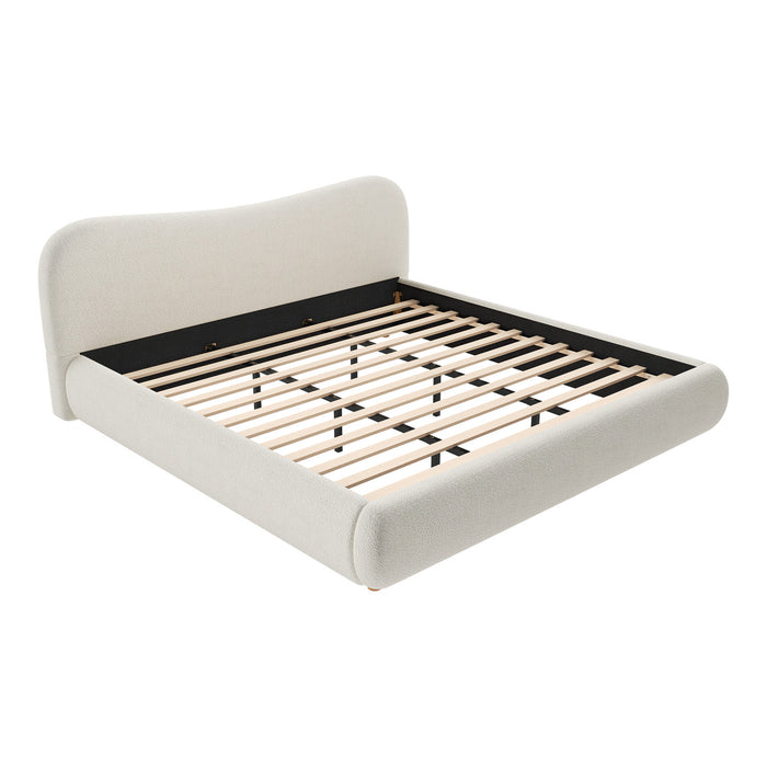 Lit plateforme Camille avec tete de lit courbee et tapisserie bouclee luxueuse, taille King, blanc