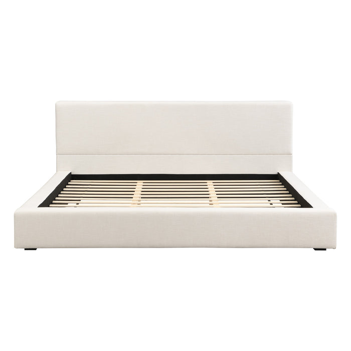 Lit plateforme rembourre Connor avec tete et pied de lit en lin, taille King, beige