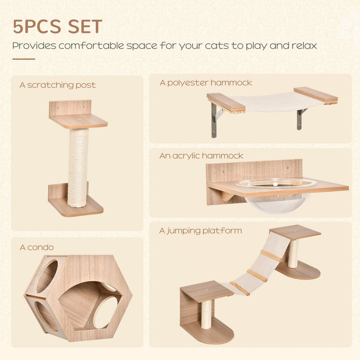 Pawhut Ensemble D'etageres Pour Chats 5 Pieces Echelle Escalier Escalade Chats Mural Avec 2 Hamacs Griffoir Plate-forme De Saut Et Niche Multicentres D'activite