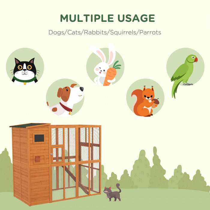 Pawhut Grande Maison Pour Chat D'exterieur En Bois Avec Grand Enclos Pour Jouer, Zone De Condo Pour Dormir, Naturel