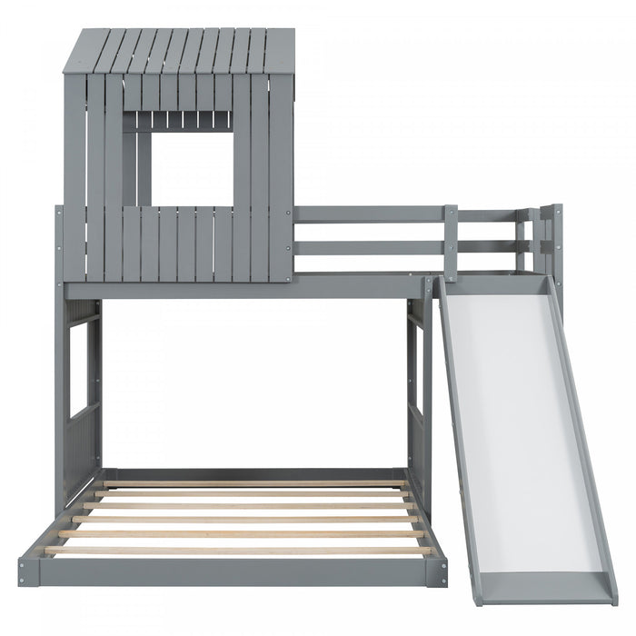 Lit Superpose Marico En Bois Massif, Taille Simple En Haut Et Double En Bas, Avec Toboggan, Design Maison De Jeu, Gris