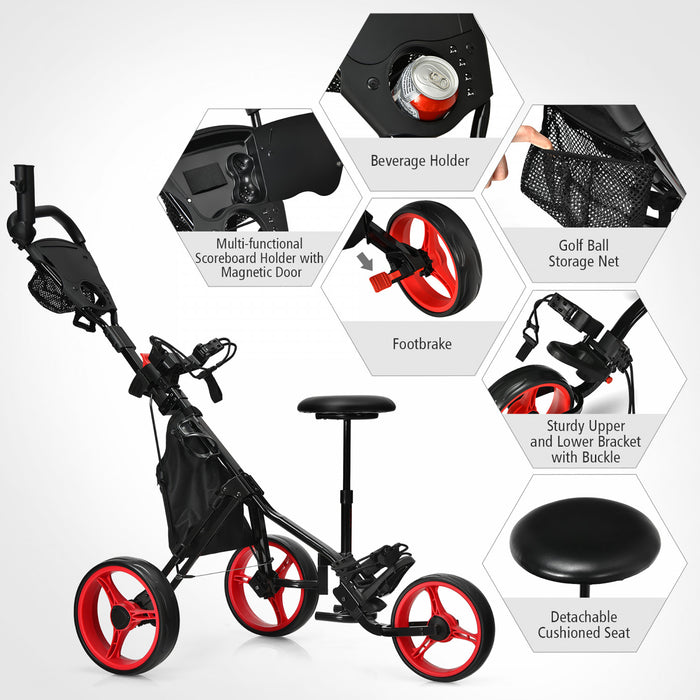 Chariot De Golf A 3 Roues, Chariot Leger Avec 4 Hauteurs Reglables, Chariot De Golf Pliable Avec Porte-parapluie Reglable Et Siege Hydraulique, Sac De Rangement, Porte-boisson, Frein A Pied