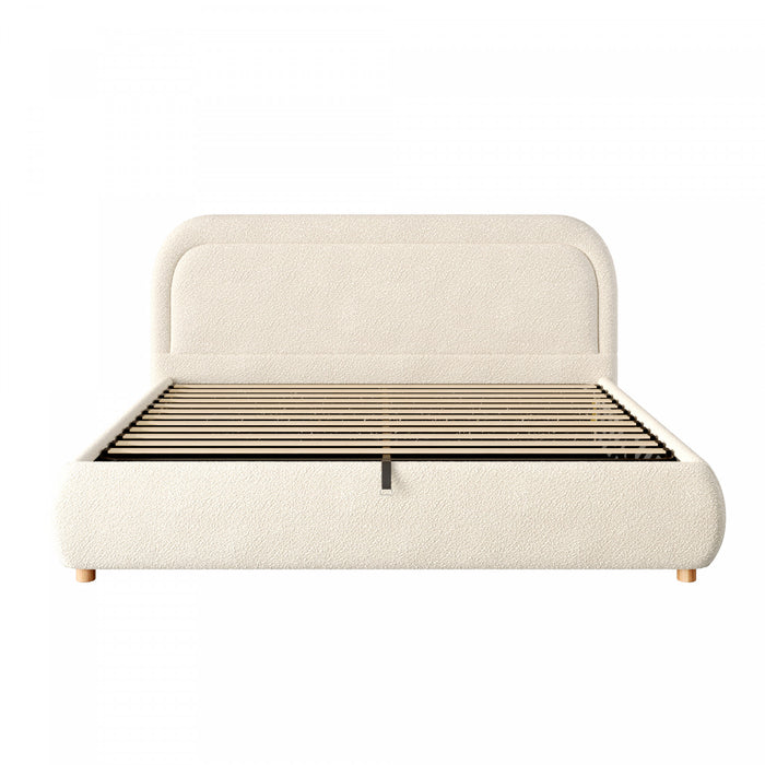 Lit plateforme Sophia avec rangement a levage hydraulique, revetement en boucle, taille queen, beige