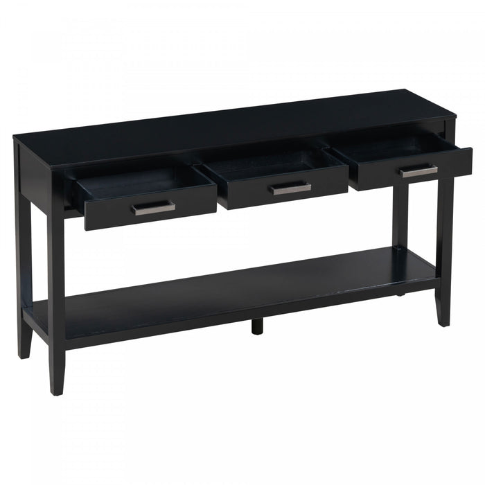 Table d'entree Emma 59,1'' de style ferme avec tiroirs et etagere ouverte, noire