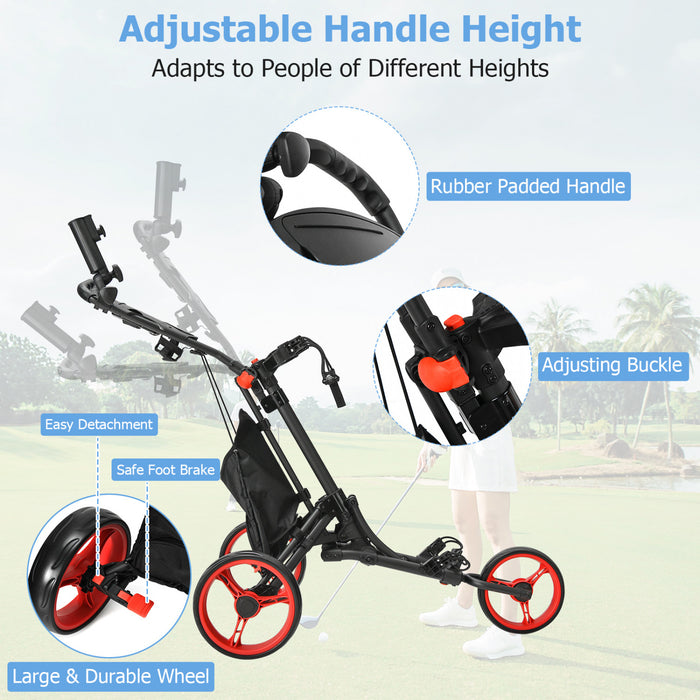 Chariot De Golf Pliable A 3 Roues, 4 Positions De Hauteur Reglables, Chariot De Golf Leger, Chariot De Golf En Aluminium Avec Porte-ombrelle Reglable, Sac Etanche, Glaciere Integree, Frein A Pied, Ouverture Et Fermeture Rapides.