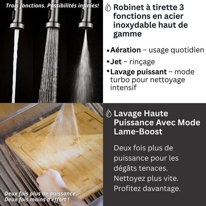 Evier poste de travail MultiSINK 45 po, double pose, 3 niveaux, robinets, rince-verre, inox - J-WP31