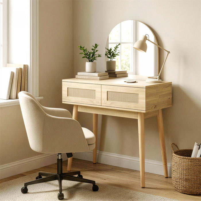 HOMCOM Coiffeuse avec miroir meuble maquillage avec 2 tiroirs, bois naturel