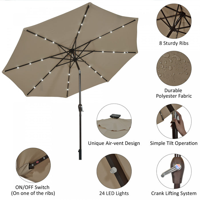 Costway Parasol Solaire de Patio 10ft LED Marche d'Exterieur en Acier Incline avec Manivelle Tan
