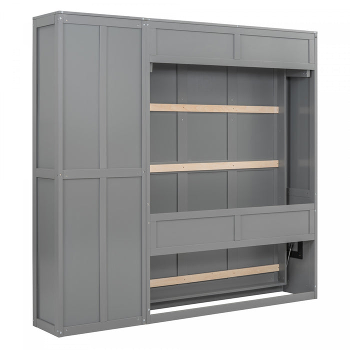 Lit Escamotable Double Jocelyn Gain De Place Avec Etageres, Gris
