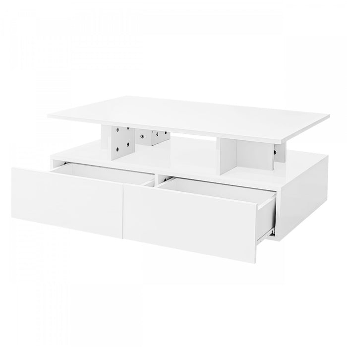 Lucas table basse LED – table basse avec tiroirs de rangement et etageres ouvertes, blanc