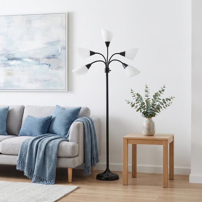 Skye Lampadaire a 5 lumieres avec cols de cygne reglables, Noir et Blanc, 67 po H