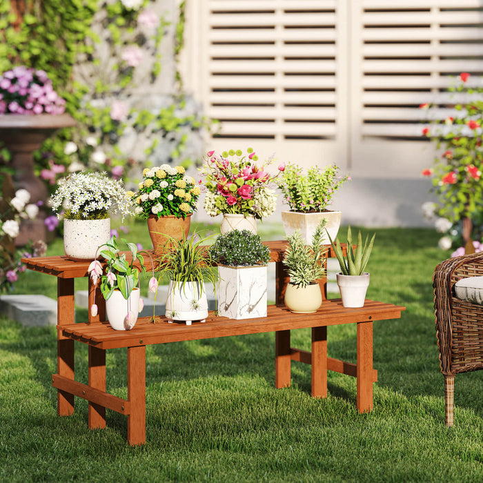 Costway 2 Etage Stand De Plante En Bois Avec Huile De Tec Finition Interieur Et Exterieur Pot De Fleurs