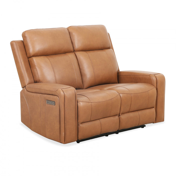 Causeuse inclinable electrique Bellamy de 58 po en cuir assorti avec appuie-tete ajustable et USB - Cognac
