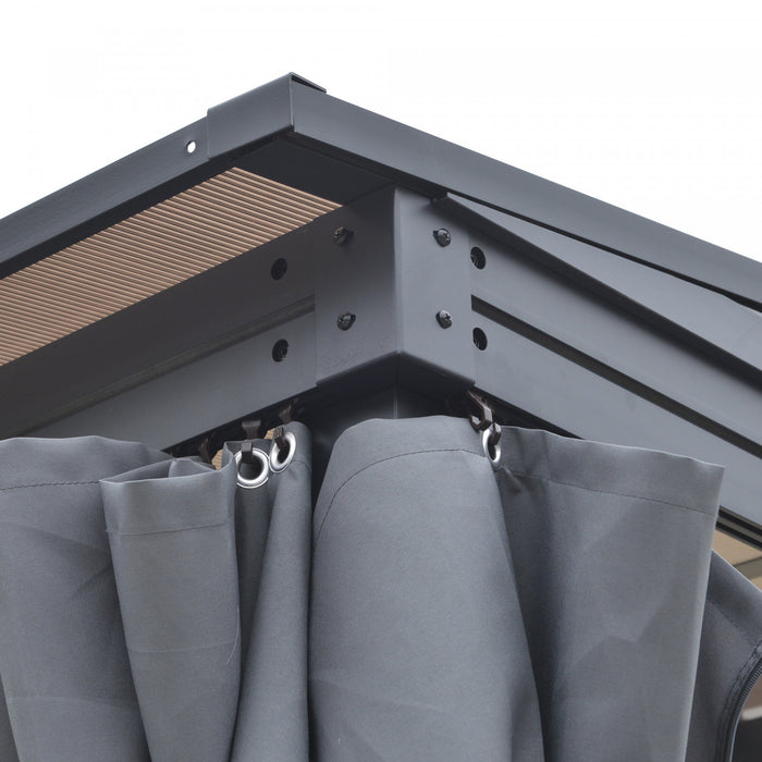 Outsunny 13' X 9,5' Pergola A Toit Rigide Exterieur Pc Toit Gazebo Tente De Fete Jardin Abri De Soleil Impermeable Et Protection Uv Avec Rideaux, Gris