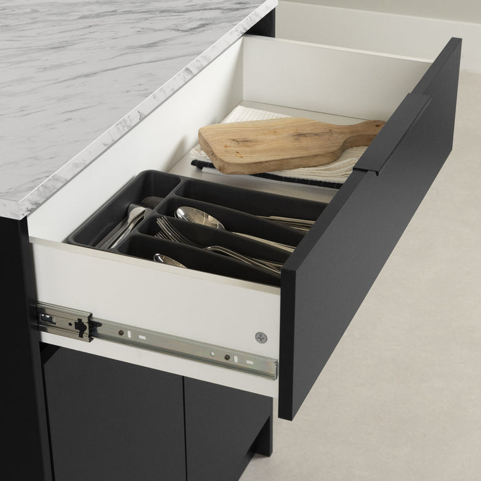 Îlot de cuisine compact Olio avec rangement - noir mat et imitation de marbre blanc