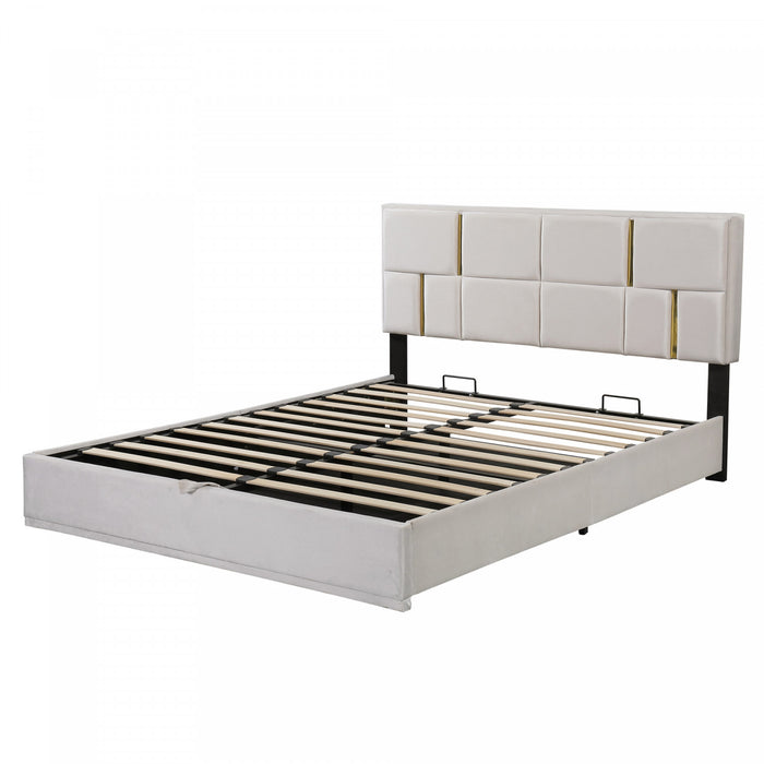 Lit Plateforme Joyce Tapisse Avec Rangement Hydraulique Et Cadre En Velours, Taille Queen, Beige