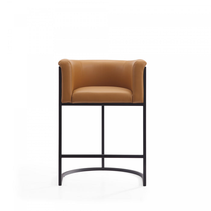 Tabouret de comptoir moderne du milieu du siecle en metal et tissu, coloris camel, lot de 2