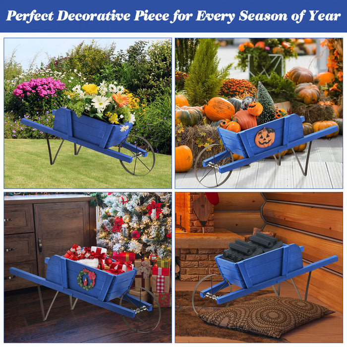 Costway En Bois Wagon Planter Decoratif Interieur/exterieur Rustique Fleur Chariot Avec Roue Bleu