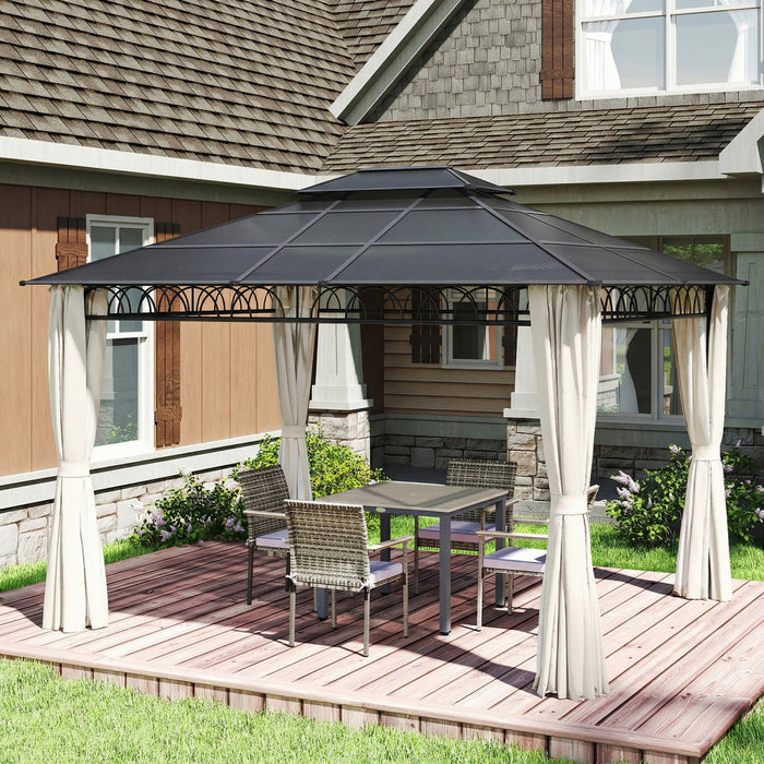 Outsunny Gazebo exterieur 3 x 3,6 m avec double toit rigide et rideaux, Beige