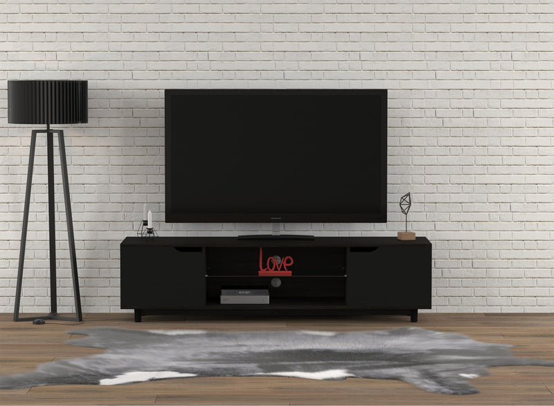 Meuble pour téléviseur de 59 po avec 2 tablettes et 2 portes noires - bois gris foncé