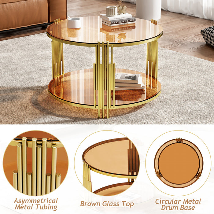 Table Basse Ronde Jonas De 31,5\" En Verre Trempe Avec Etagere Inferieure, Marron
