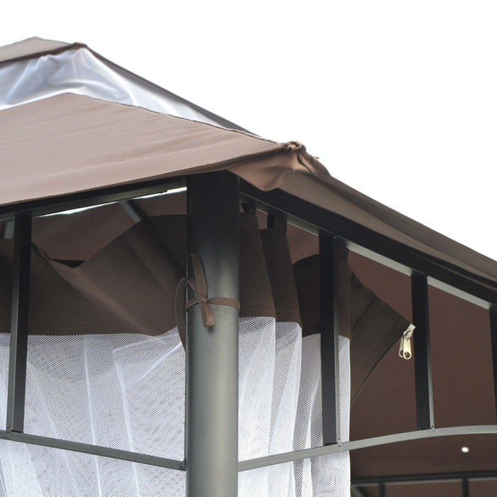 Outsunny 10x10pi Pare-soleil Exterieur A Auvent De Gazebo De Jardin A Deux Niveaux Toit Anti-uv Resistant A L'eau Avec Structure En Metal Et Parois Laterales En Maille Cafe