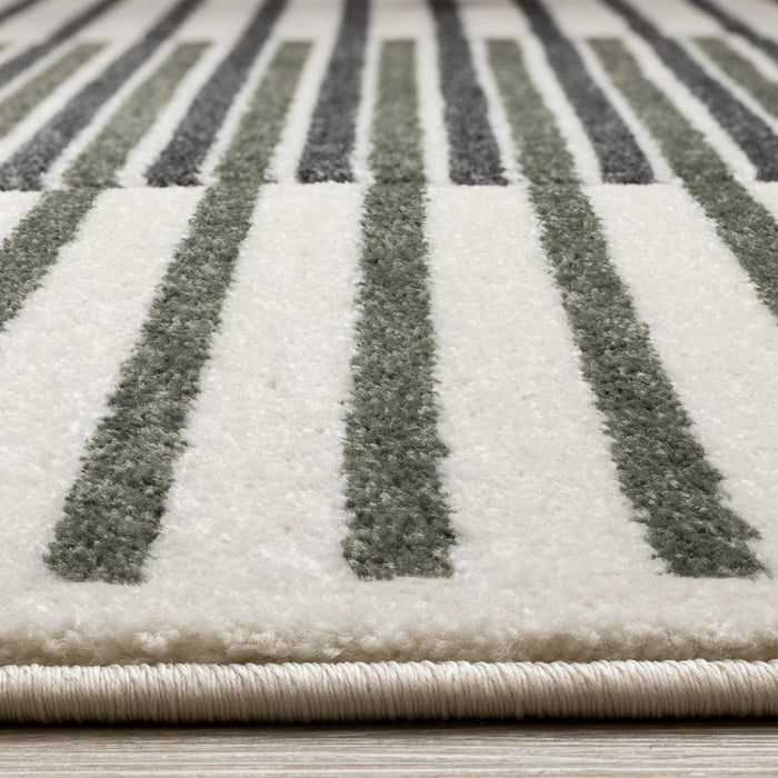 Tapis Maverick vert, noir et blanc a rayures modernes, 7'10\" x 10'6\"