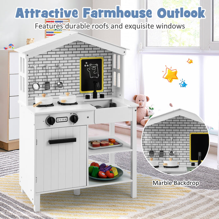 Ensemble De Cuisine De Jeu, Jouet De Cuisine En Bois Avec Tableau Noir Supplementaire, Belles Fenetres, Etageres De Rangement Et Crochets, 5 Pieds En Bois Massif, Ensemble De Cuisine Fictive Pour Les Tout-petits De 3 Ans Et Plus, Blanc